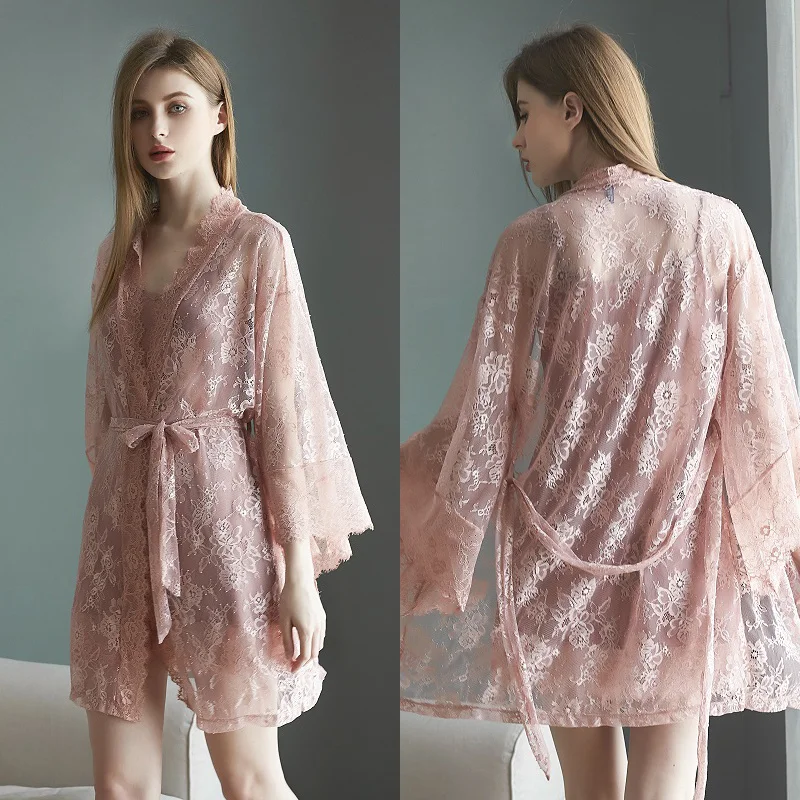 

Пикантный пижамный комплект из 2 предметов для женщин, ночное платье, халат, атласная одежда для сна, кружевная кофта, домашнее белье, мягкая Повседневная Домашняя одежда, пижамы