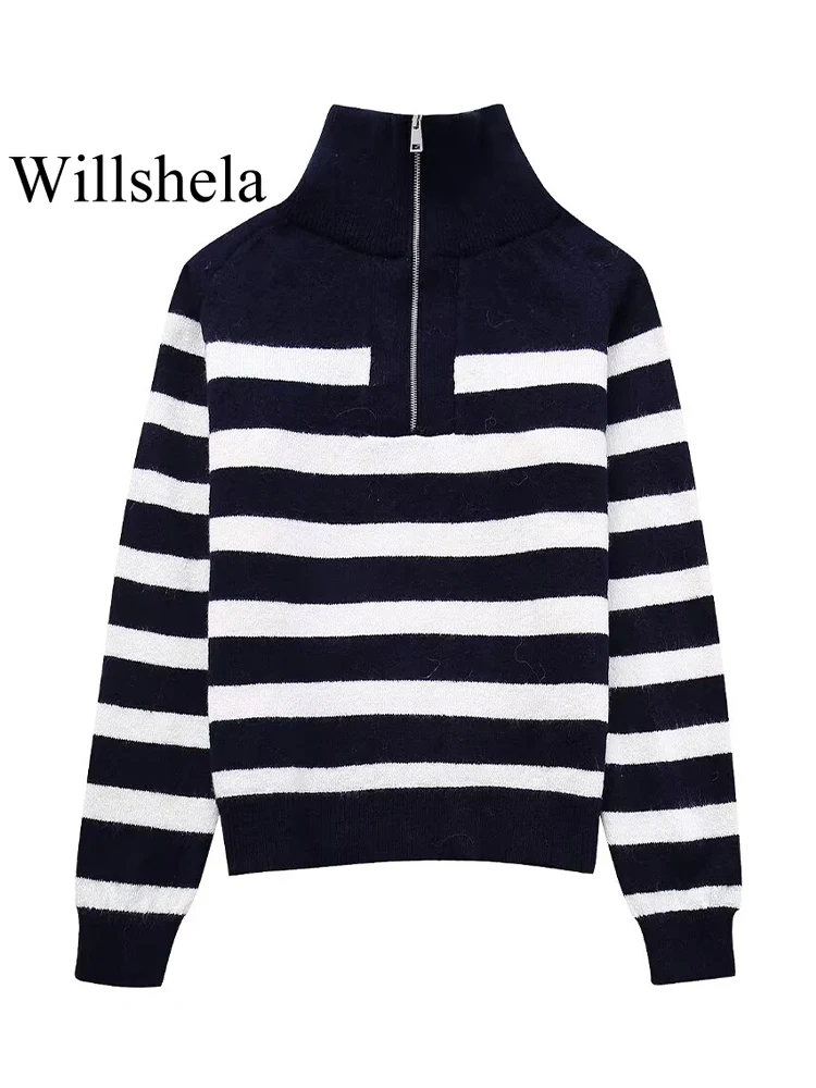 

Willshela Women Fashion With Zipper Striped Knitted Pullover Sweater Vintage High Neck Long Sleeves Female Chic Lady Tops