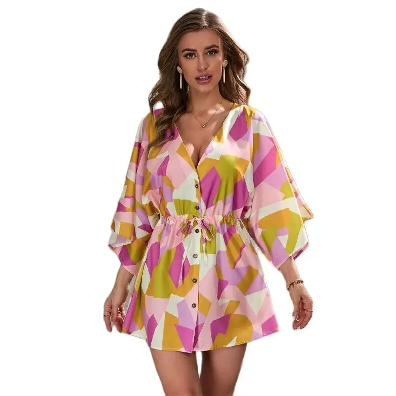 

2022 New Women Sexy Summer Dress Printed Flowers Patchwork Dress For Ladies Loose Style Europe And America Clothes Drop Shipping