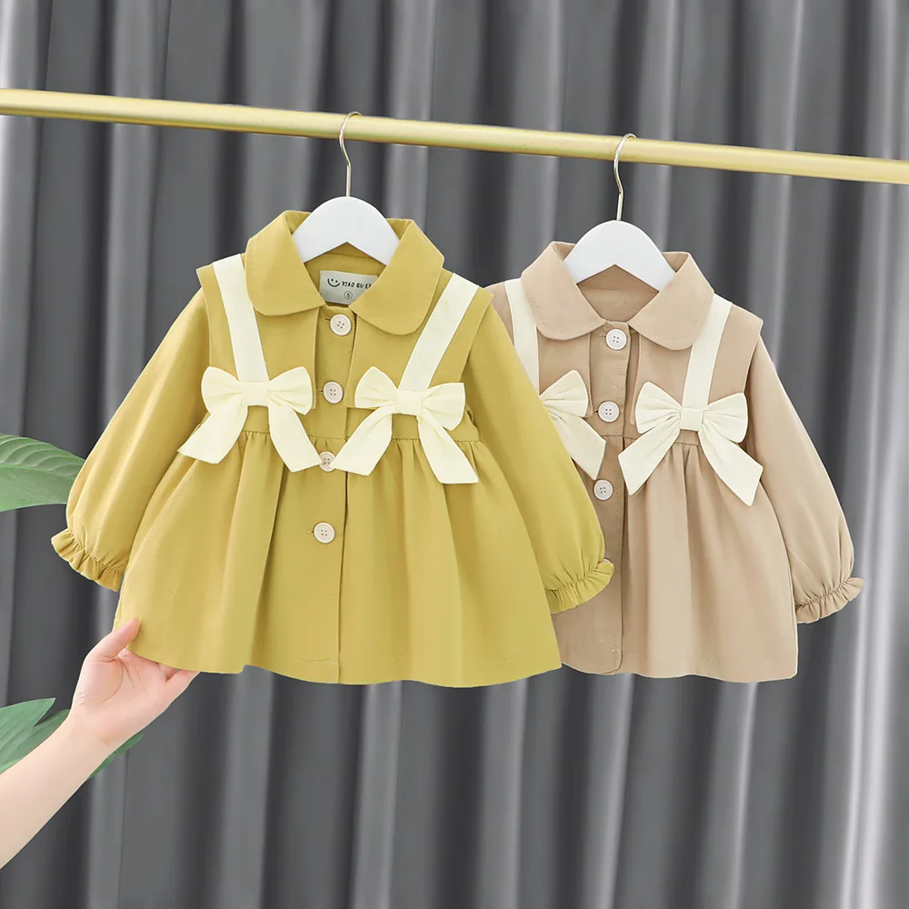 

2022 Autumn Girls Coat Lapel Collar Children's Jacket Kids Windbreaker Cardigans Baby Trench Princess Cute Bow Outerwear Casaco
