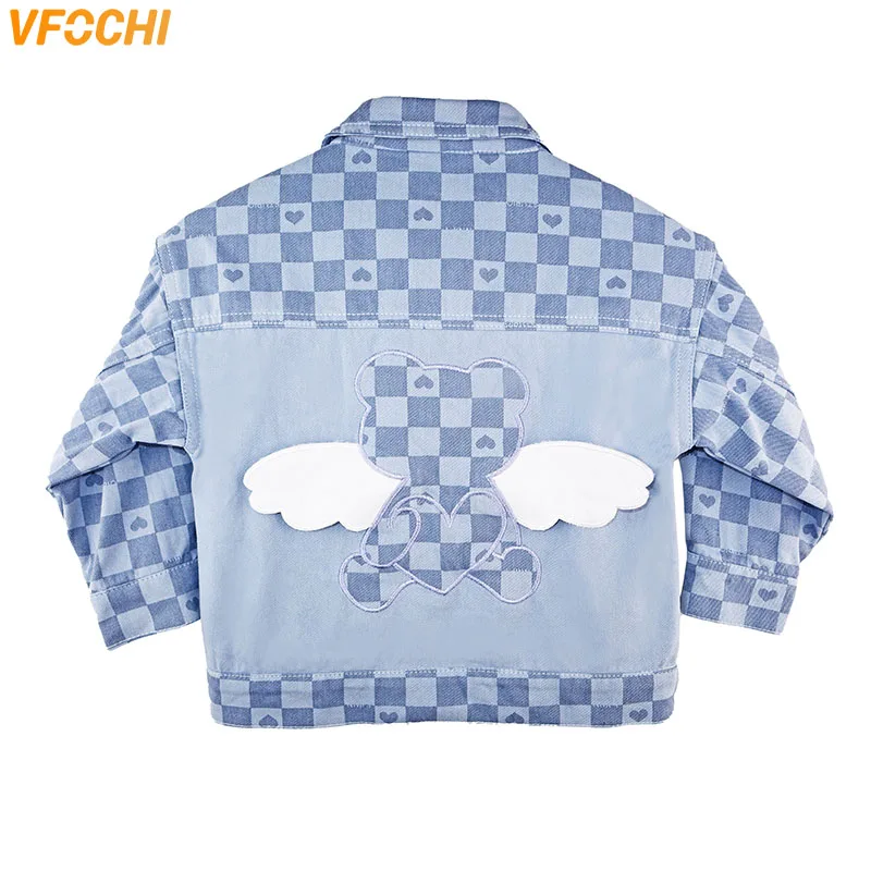 

VFOCHI New Boy Girl Denim Jacket Fashion Plaid Children Clothing Autumn Unisex Boy Girl Clothes Outerwear Baby Girl Jean Jacket