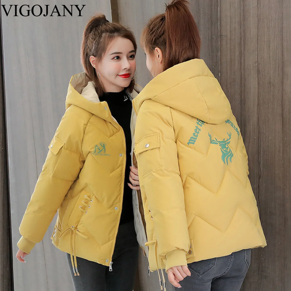 

Женская Стеганая куртка Vigojany, зимние теплые парки с капюшоном 2022, Желтые пальто с длинным рукавом, Женская Корейская Свободная куртка-пуховик, верхняя одежда