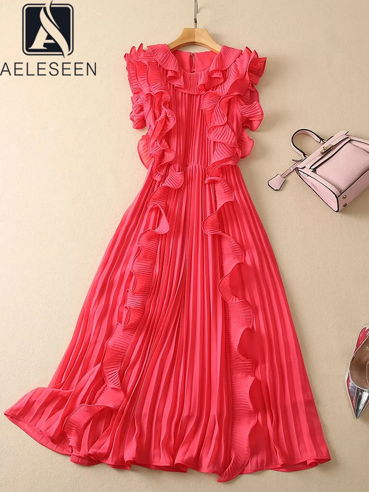 

AELESEEN 2023 Spring Summer Runway Fashion Dress Red Pink Butterfly Sleeve Ruffles Elegant Long Pleated Party Vacation