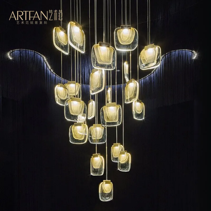 

Gold Dust Handmade Glass Pendant Light for Staircase Villa Hall Suspension Wire Lamp Long Ceiling Chandelier LED Home Decor