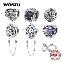 wostu 925 sterling silver sakura vintage love flowers chain charm beads pendant fit original bracelet necklace for women jewelry