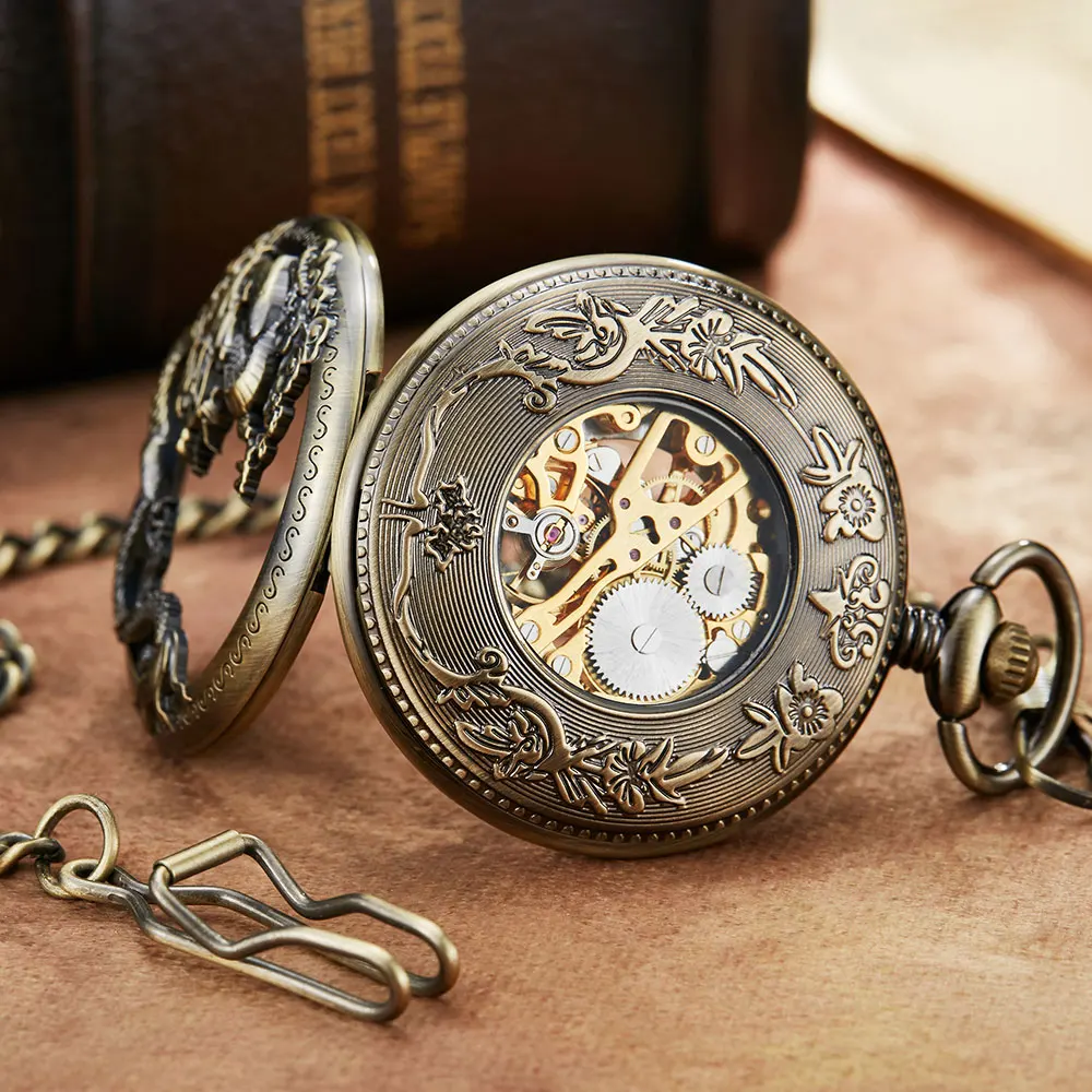 Vintage Bronze Dragon Hollow Exquisite Sculpture Mechanical Skeleton Retro Pocket Watches Men Chains Lucky Lover Wedding