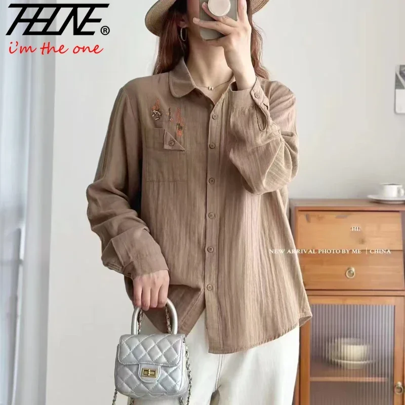 Женская блузка-рубашка с длинным рукавом и вышивкой