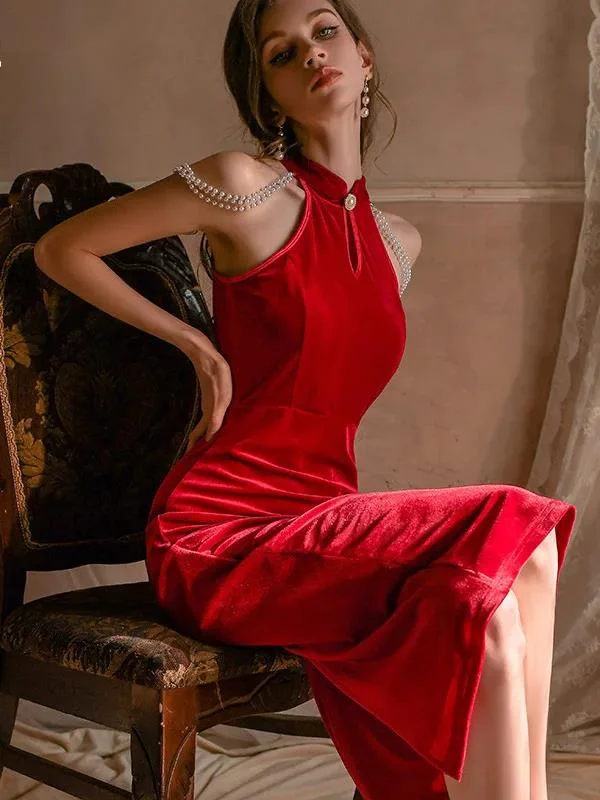 Женское бархатное платье-Ципао с высоким воротником и открытой спиной