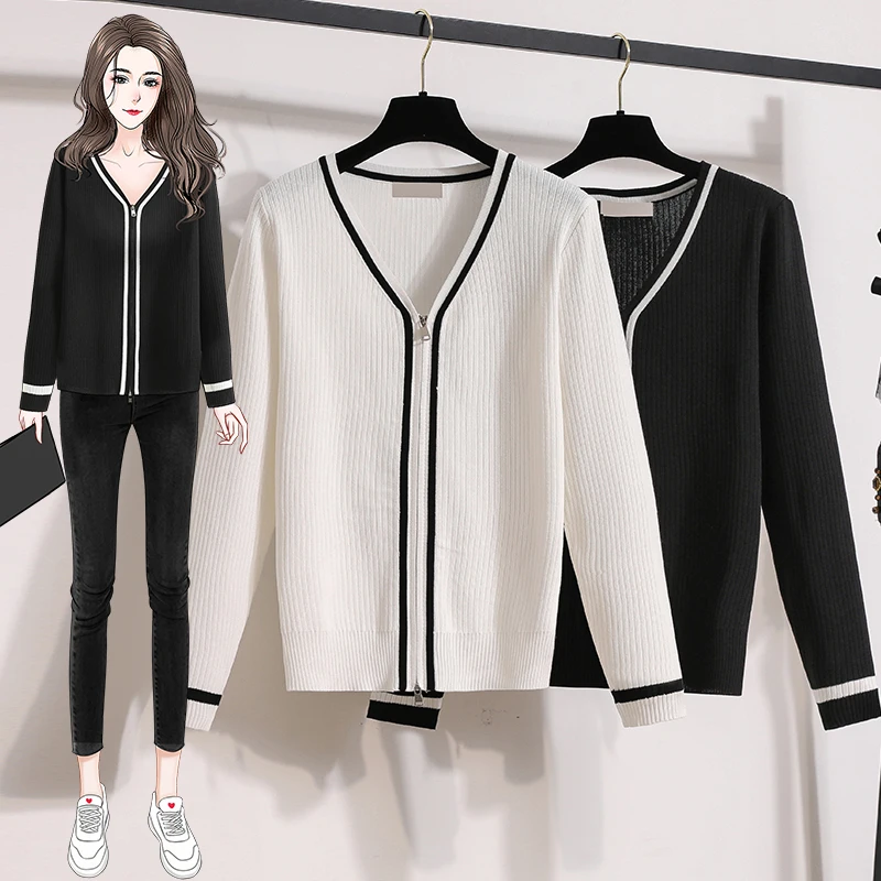 

Large core spun yarn stretch top V-neck Korean autumn cardigan spring and autumn jacket knitted zipper long sleeves
