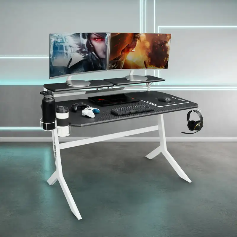 

Gaming Desk with Headphone Holder and Shelving, White