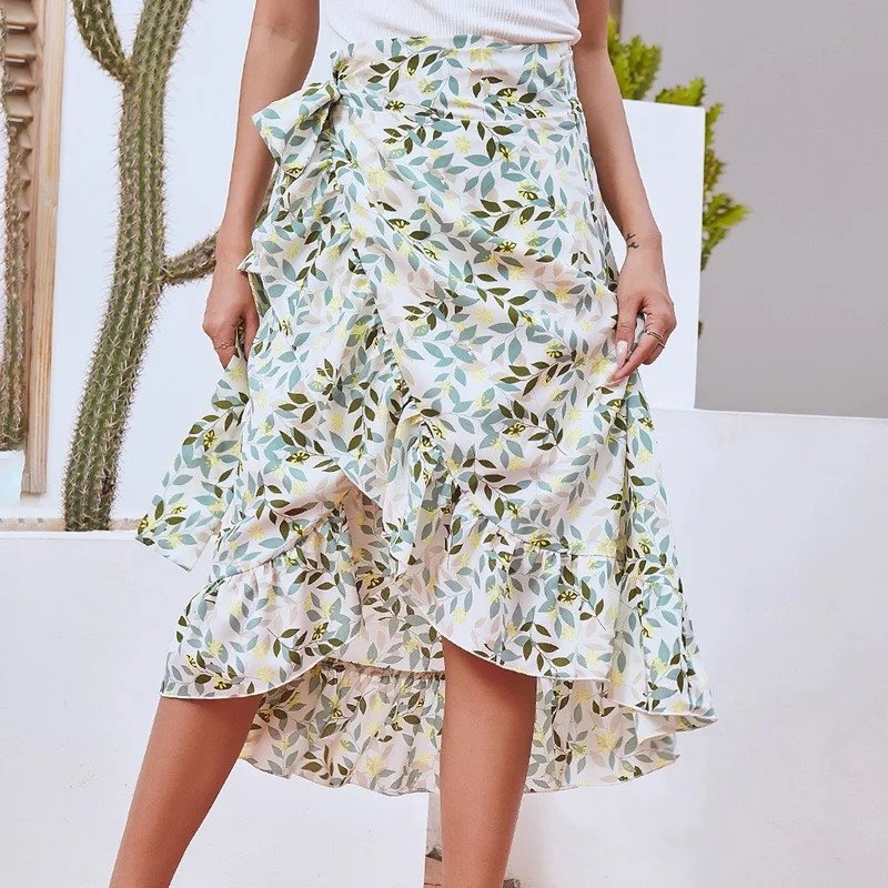 

Floral Woman Skirts High Waist Fashion Long Black Tied Wrap Ruffle Chiffon A Line Split Skirt Cottagecore 2021 Spring Summer