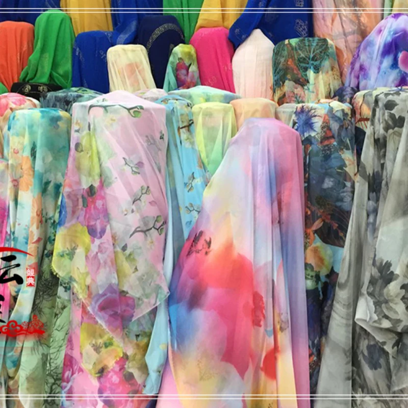 

30d Printed Chiffon Fabric Ink Chinese Style Fabric Silk Spring and Summer Dresses Closing Fabric Scarf Shawl 100% Polyester
