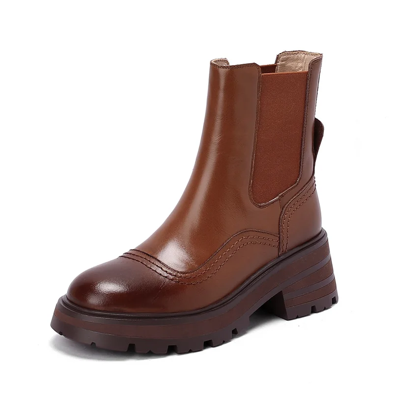 

Women Ankle Boots SmallHut Autumn Winter Genuine Leather High Square Heeled Shoes Lady Black Brown Sewing Round Toe Chelsea Boot