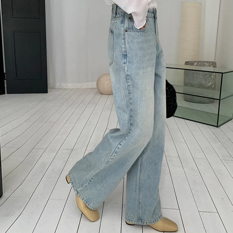 Women's Jeans Original Korean Buttons Zipper Pocket Loose High Waist Wide Leg Trousers Versatile Casual Straight Female Trousers