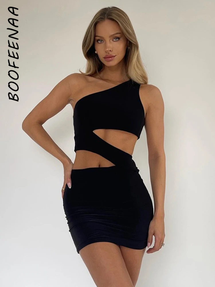 

Асимметричные женские мини-платья BOOFEENAA с вырезами, Клубная одежда, черное, Белое Облегающее Бандажное платье на одно плечо с открытой спино...