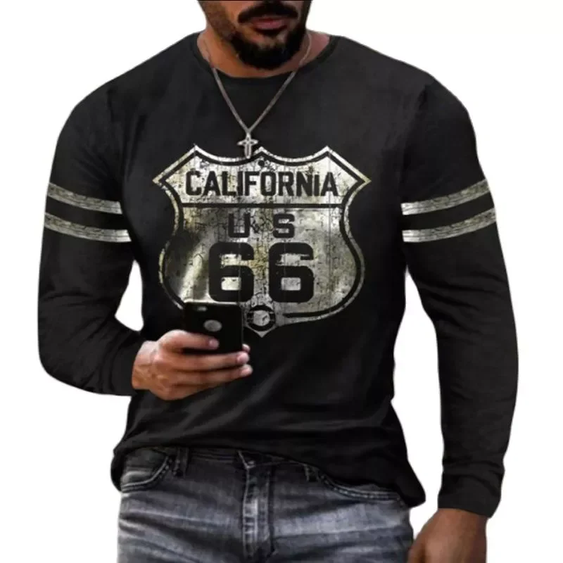 

NEW IN High Quality Men's Long Sleeve 3D Printing Fashion Casual Loose T-shirt Route 66 Loose Sports Round Neck Top Punk Sty