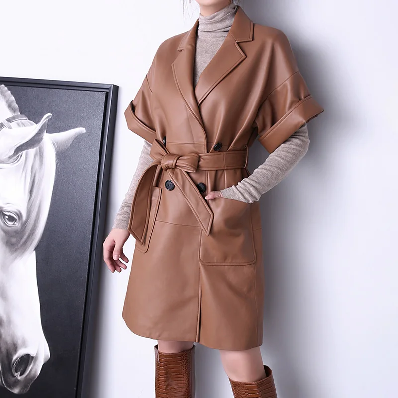 2023 New Coming Leather Jackets Lady Fashion Sheepskin Trench Coat With Belt Short Style Streetwear TF3937