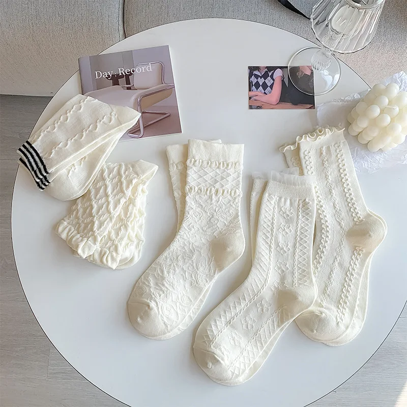 Lolita White Cotton Socks Women Sweet Frilly Fungus Socks Female Jk Lace Long Socks Ankle Calcetines mujer Medias