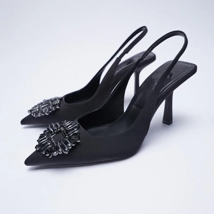 

Black Shiny Slingback High Heels 2022 Women's Za Temperament Rhinestone Women's High Heels Fashion Pointed Toe Ladies Sandals