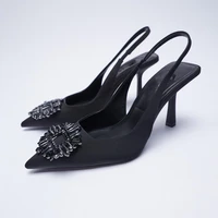 black shiny slingback high heels 2022 womens za temperament rhinestone womens high heels fashion pointed toe ladies sandals