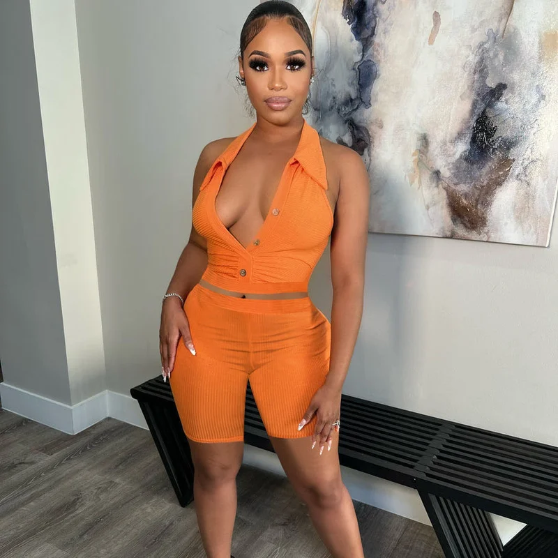 

WUHE Turn-Down Collars Knit Crop Top And Shorts Set 2 Piece Outfits Womens Active Set Nightclub Outfits Summer Sexy Clubwear