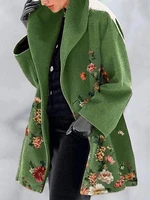 vintage printed woolen coat women green overcoat 2022 autumn temperament lapel office lady longcoat winter clothes for women