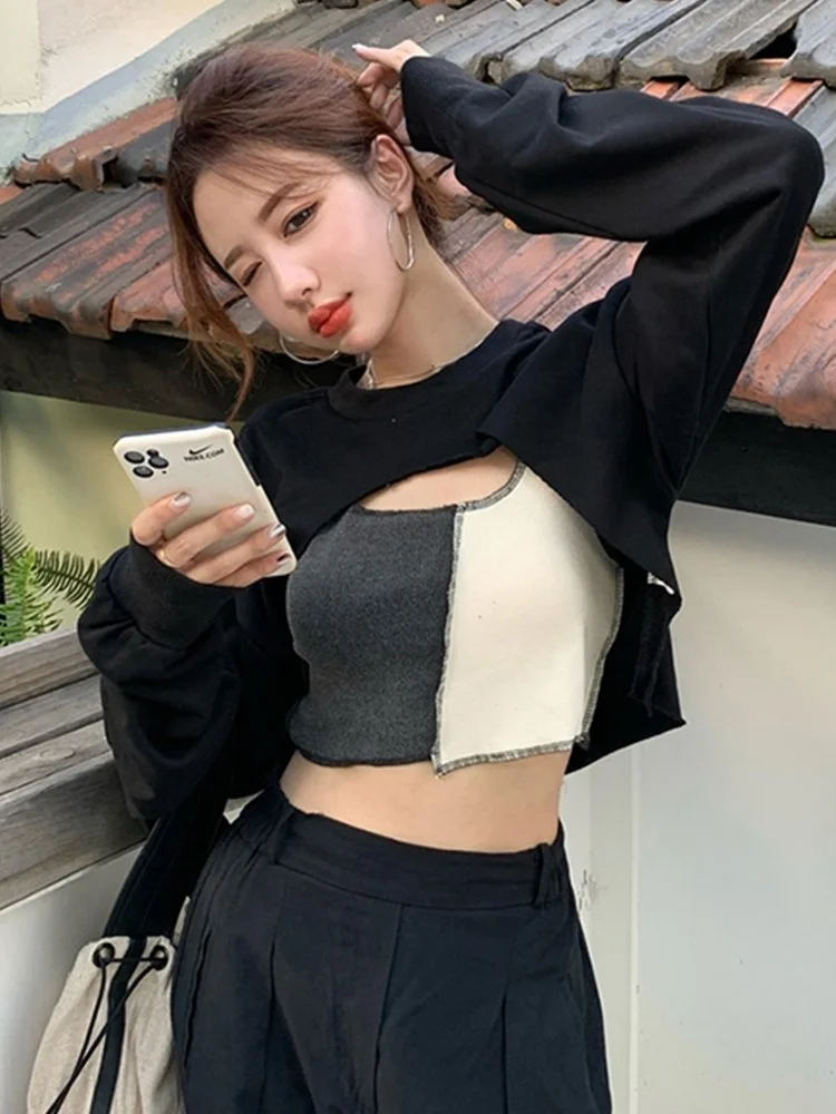 

Hollow Out Long Sleeve T-shirt Patchwork Tank + Black Cloak Pullover T-shirt Two Piece Tops Streetwear Crop Tops Tee Y538