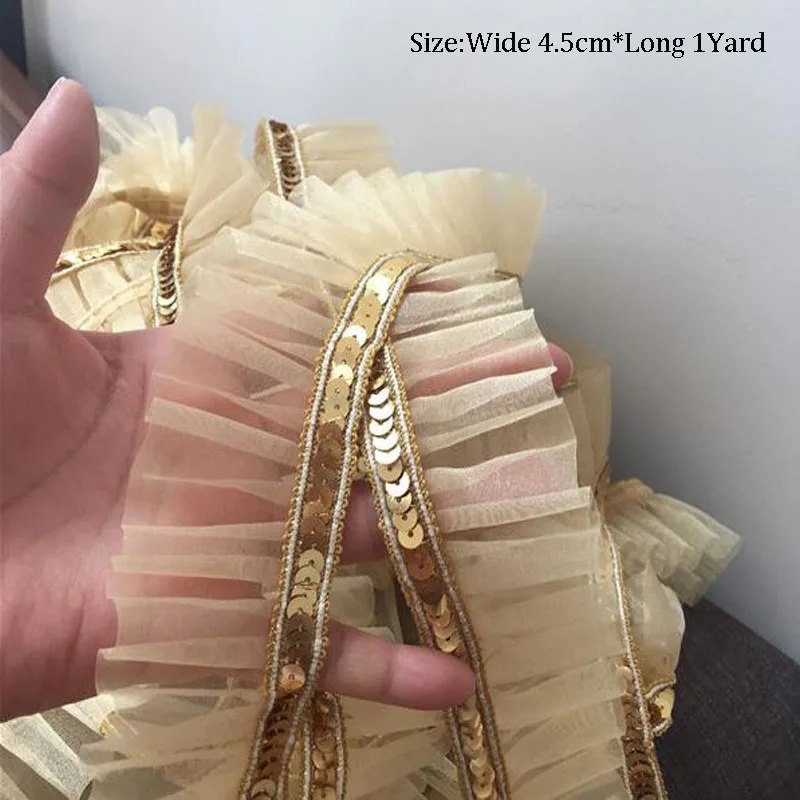 

4.5CM Wide Luxury Embroidery gold sequin flower lace fabric trim ribbon DIY sewing applique collar craft dress wedding decor