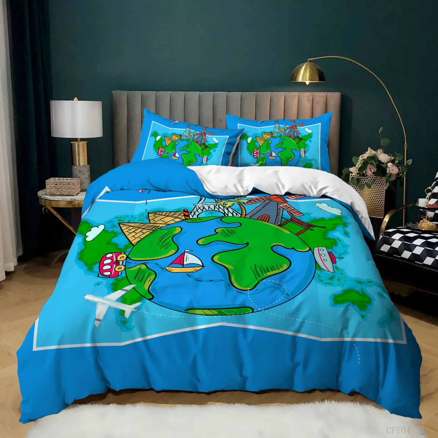 

Queen/King Size Bedding Set for Kids Teens Travel Theme Duvet Cover Cartoon Earth Print Comforter Cover Ultra Soft Quilt Cover