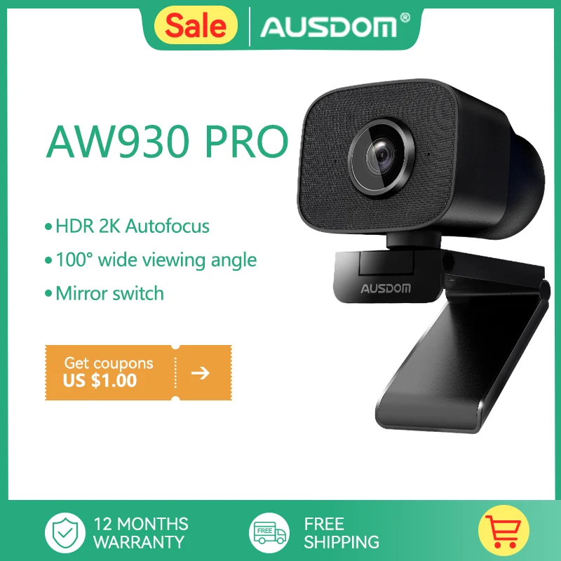 AUSDOM AW930 PRO Autofocus HDR 2K Webcam 100&deg; Wide-Angle Ty