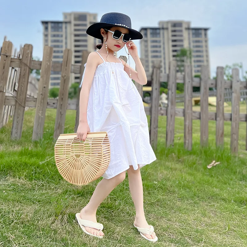 

Girls Summer Slip Dress Fashion Solid Sweet Beach Princess Dresses for Kids Casual Travel Teenage Children Costumes 12 13 years