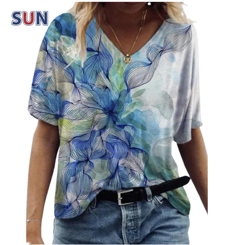 

Women's 3D Abstract Print T-Shirt Summer 2022 New Women's Oversized Loose Top 5XL Casual V-Neck Short Sleeve T-Shirt Plus Size