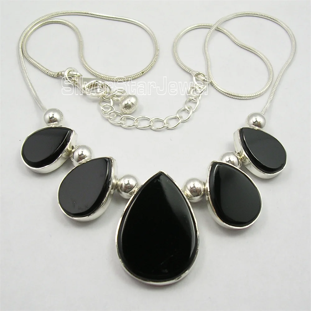 Semi-precious Stone FLAT BLACK  Necklace 18.5
