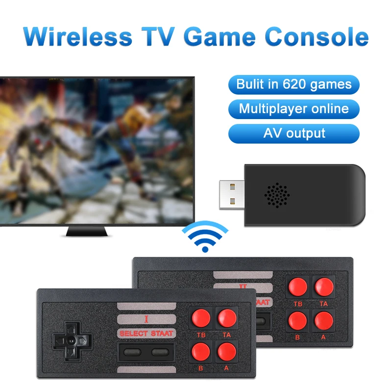 

8 Bit Gmae Stick TV Game Console Wireless Controller Build In 620 Classic Video Games Double Players Support AV Output
