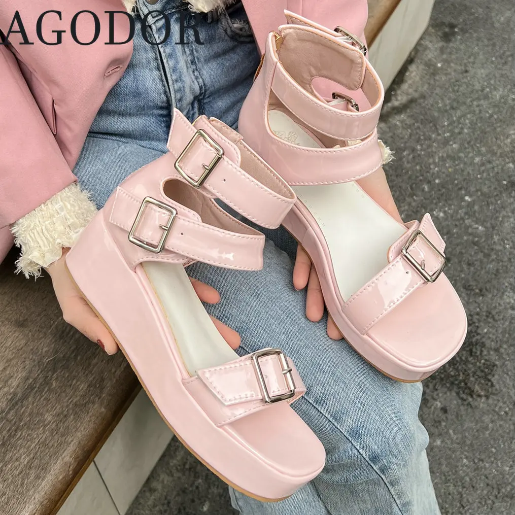 

AGODOR Patent Leather Hot Pink Sandals Open Toe Wedge High Heel Sandals Shoes for Women Buckle Platform Sandals Sexy Shoes