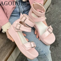 agodor patent leather hot pink sandals open toe wedge high heel sandals shoes for women buckle platform sandals sexy shoes