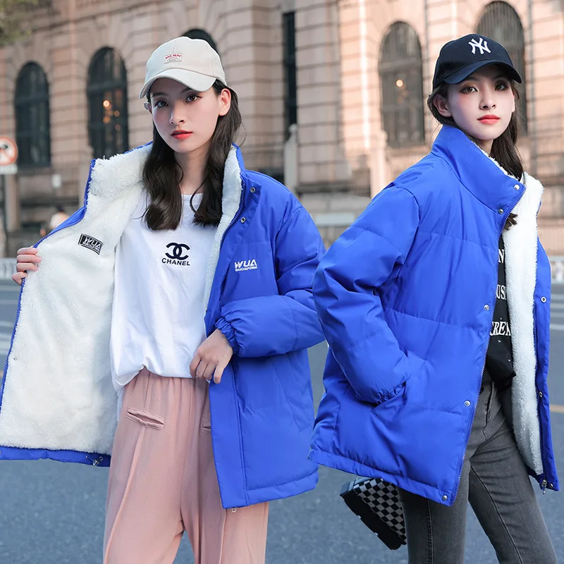 WYWMY Winter Cotton Padded Coat Women's Parkas Loose Two Sides Wear Stand Collar Short Cotton Padded Jacket Baseball Bread Coat