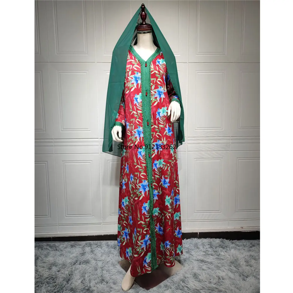 Fashion High Quality Dress for Ladies Middle Eastern Muslim Women Moroccan Jalabiya Dubai Arab Print Maxi Dress Party Ramadan