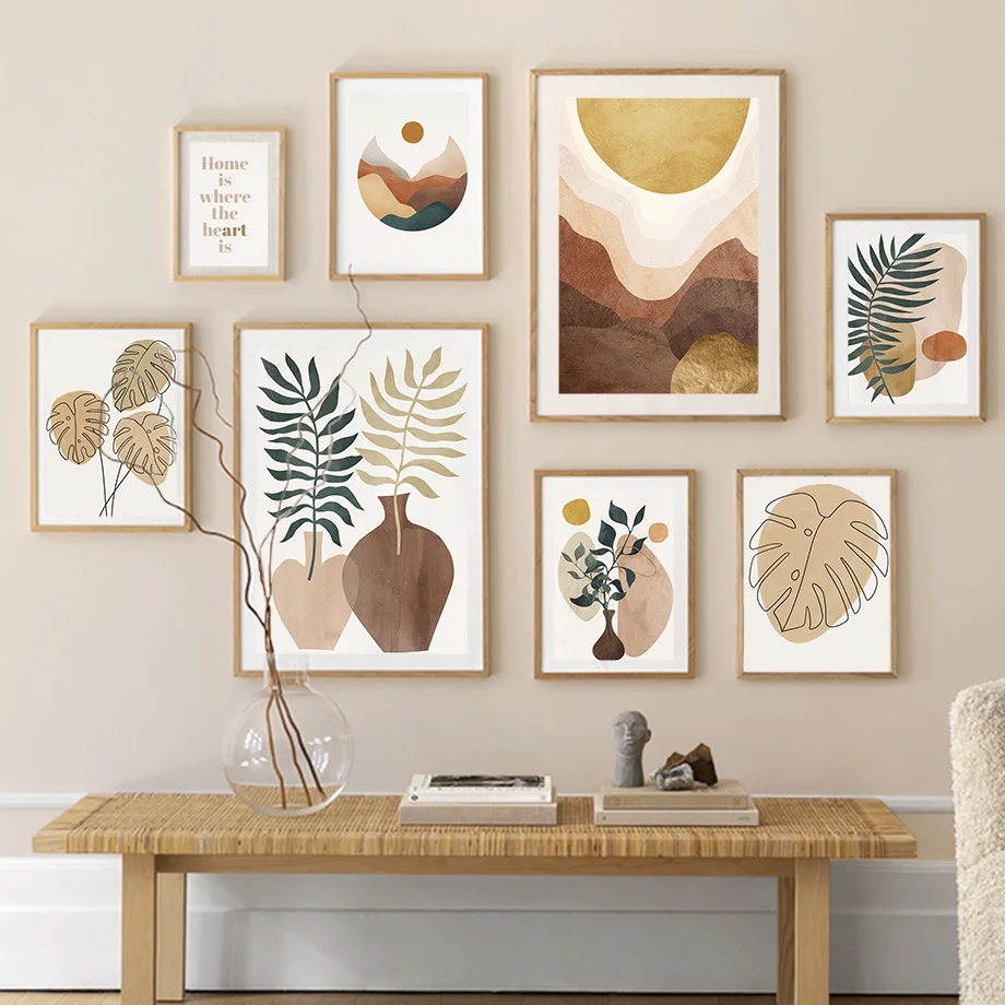 Скандинавский постер с листьями вазой солнцем каньонами геометрический