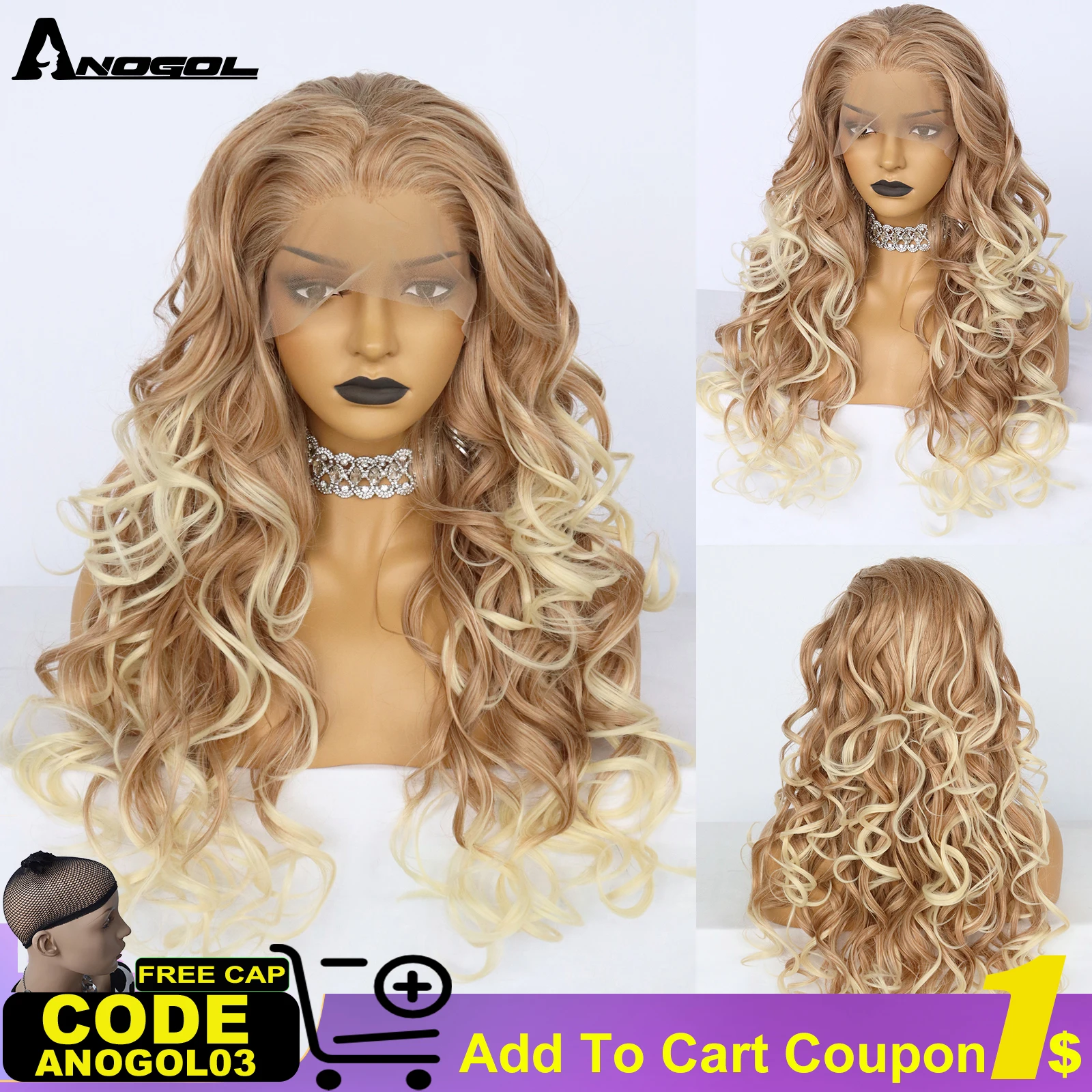 ANOGOL Synthetic Blonde Ombre Lace Front Wigs Long Deep Wavy Gold Kinky Wave Hair Natural Hairline Lace Wig for Women Brazilian