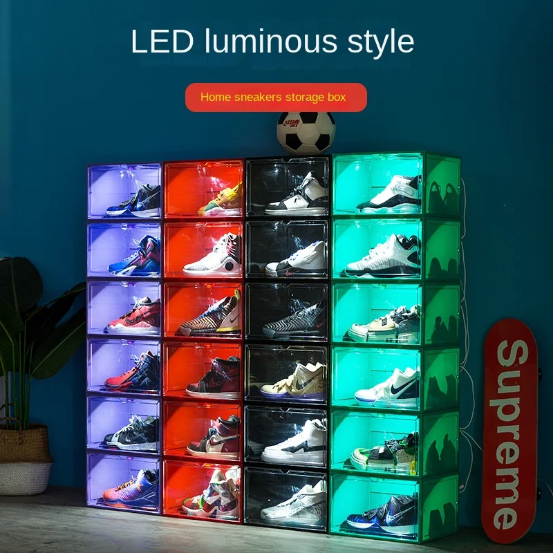 Transparent Voice Control LED Luminous Shoe Box Side Open Dustproof Storage Basketball Shoe Box Magnetic Storage Box