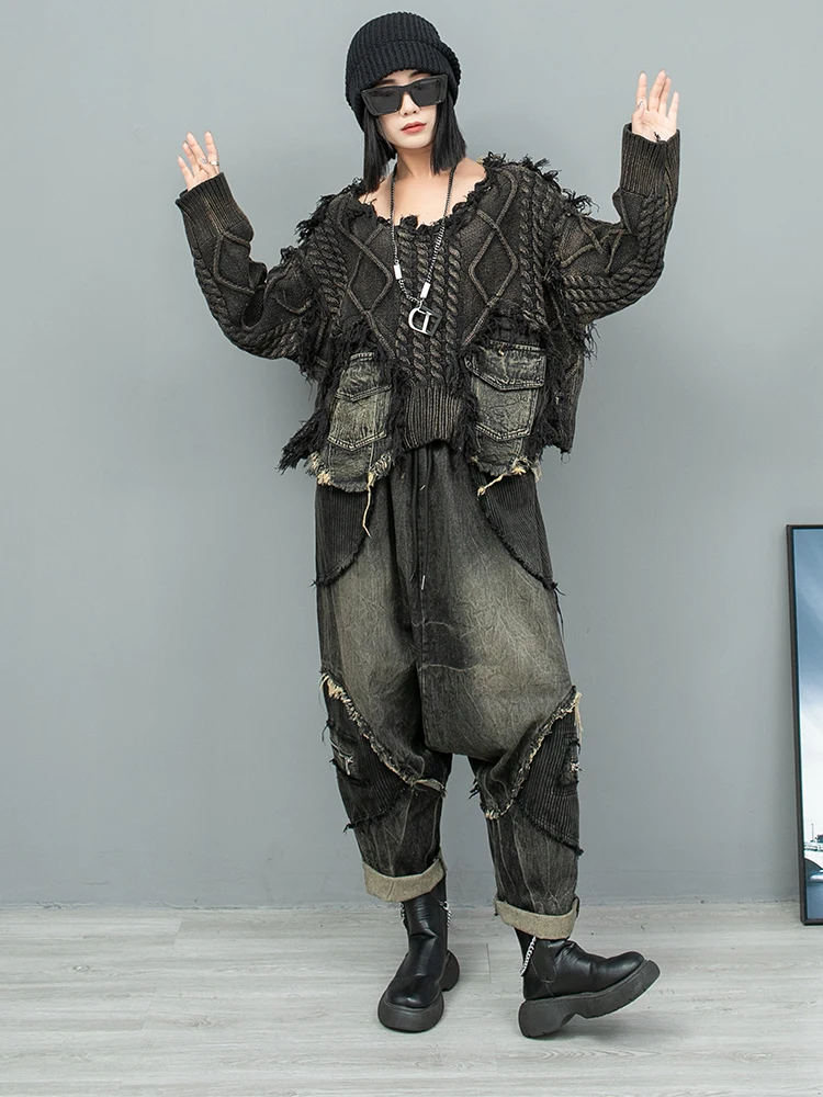 Индивидуальный Состаренный шерстяной джинсовый топ с прострочкой