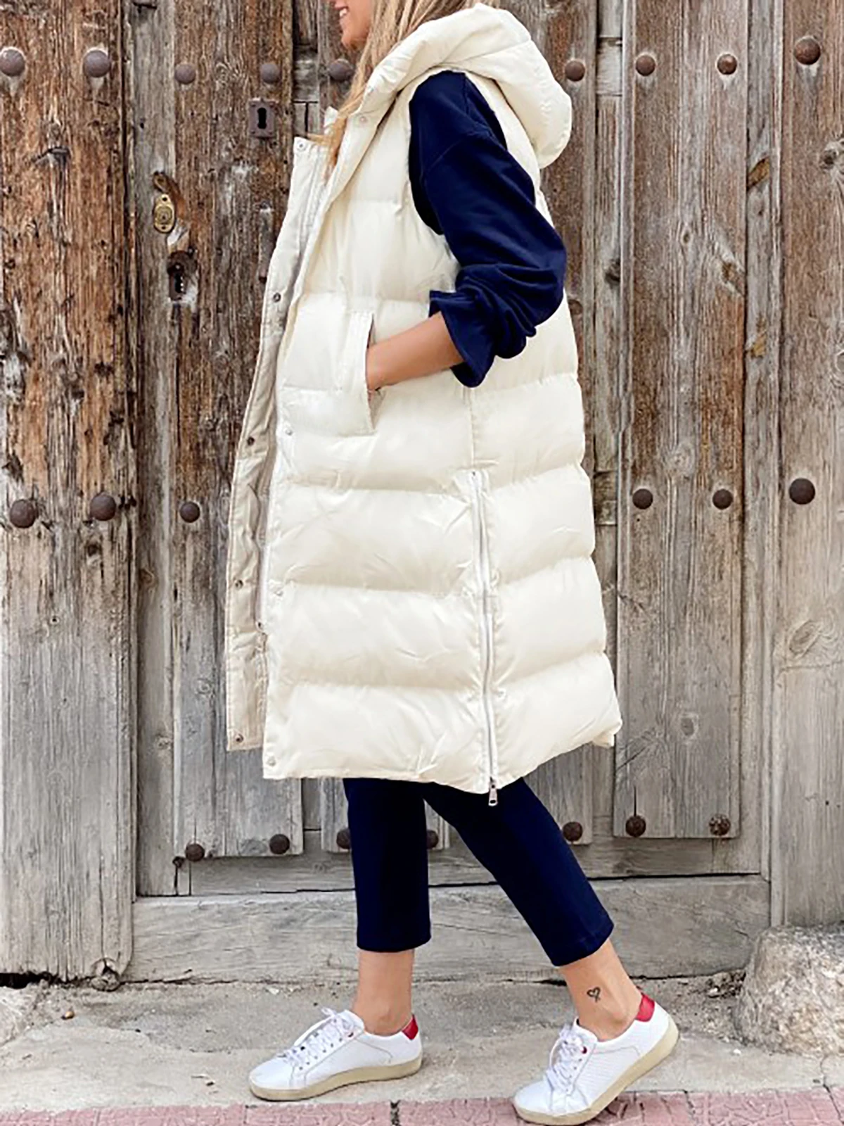 Puffer Jacket Women Sleeveless Vest Long Coat Female Outerwear Autumn Zip Up Cotton Padded Parka Quilted Waistcoat Hooded Coat