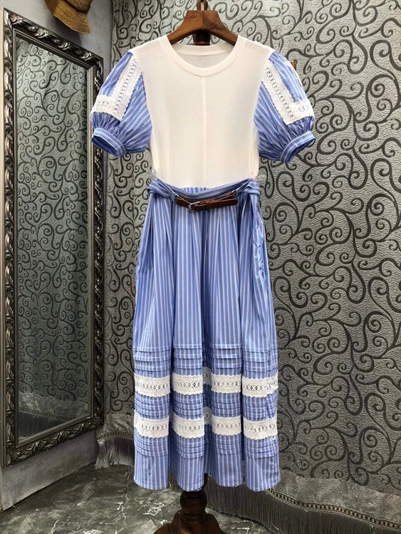

2022 new women fashion short sleeve round neck cotton stitching striped belt slim midi skirt casual simple dress 714