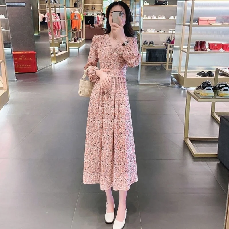 

Floral Long Sleeved Dress 2022 Autumn New Fashion Temperament Thin Medium Length Skirt Waist Closing V-neck Dress