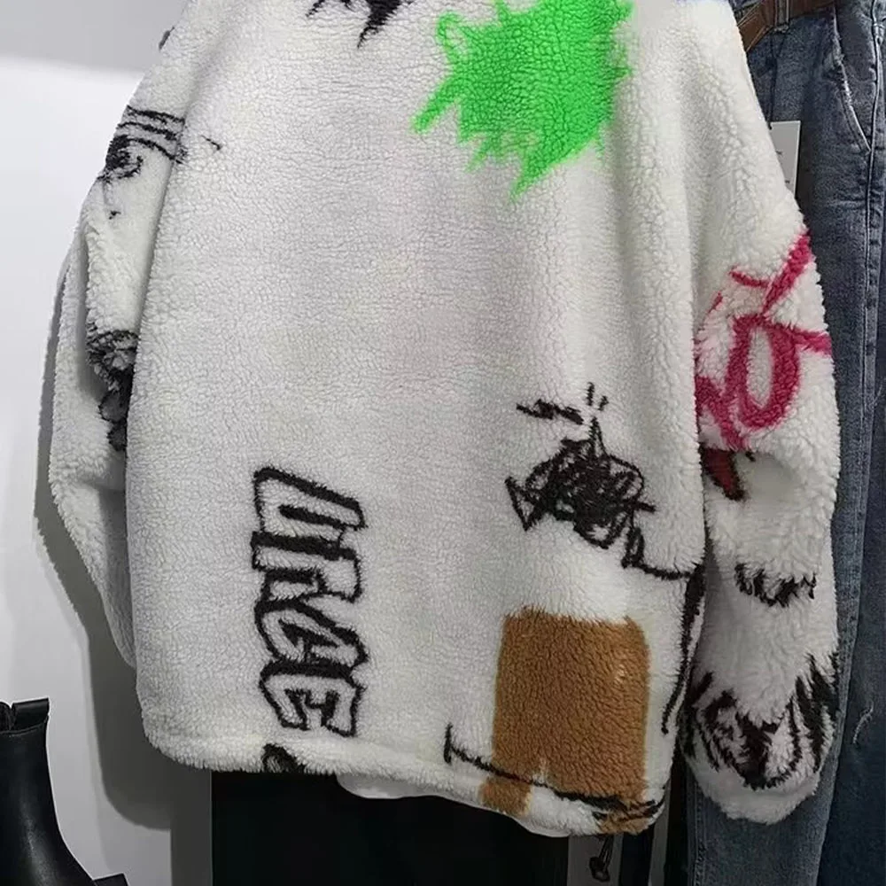 Autumn and winter new fashion women's casual all-match non-positioning graffiti print fleece imitation lamb wool coat