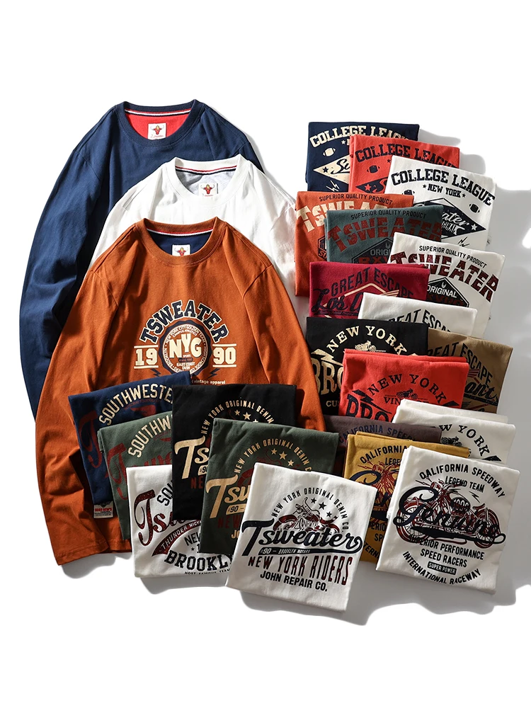 220 Pure Cotton Fabric! Washed Sanding! Foreign Trade Men's Clothing Autumn Casual Print round Neck Bottoming Long sleeve T-s...