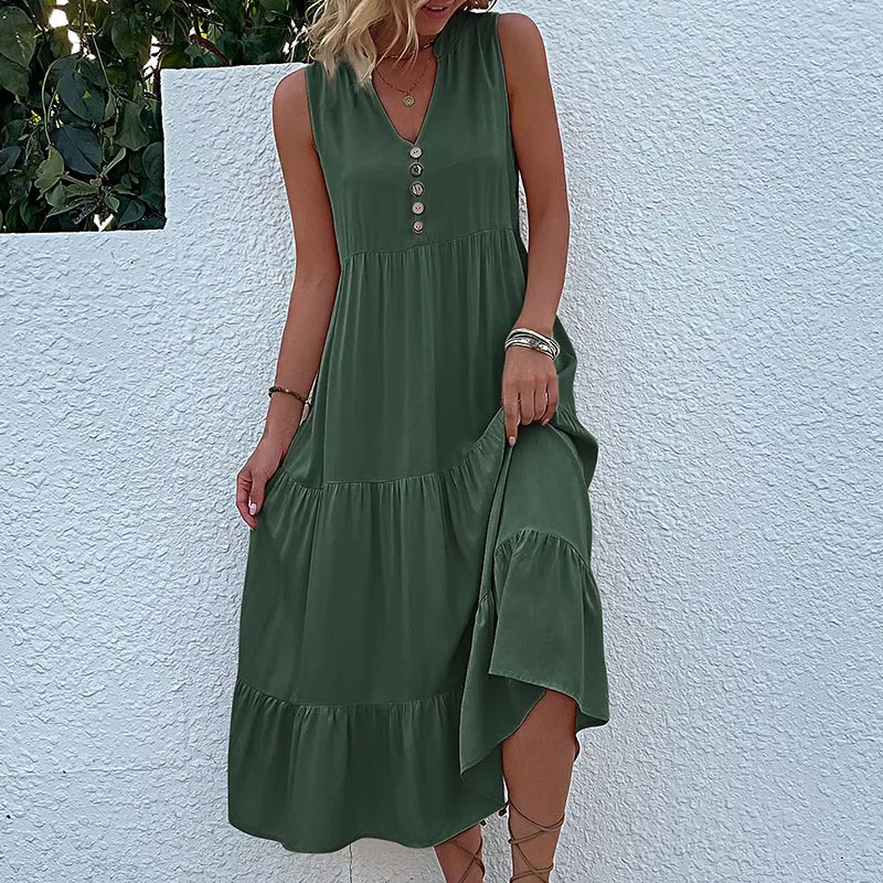 

Women's Casual Dresses 2023 Summer V-neck Cotton Loose Comfortable Solid Lady Dress Vesido Mujer Female Robe S-XL