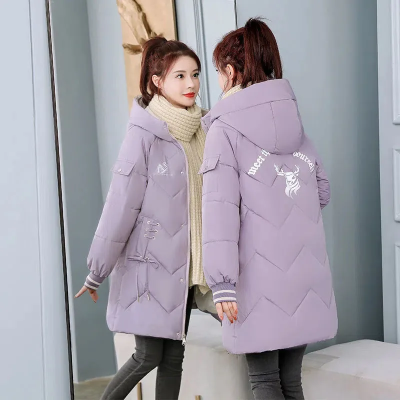 Winter Women's Medium And Long Thick Down Jacket Korean Fashion Casual Hooded Jacket Cotton Jacket Loose Printed Large Jacket