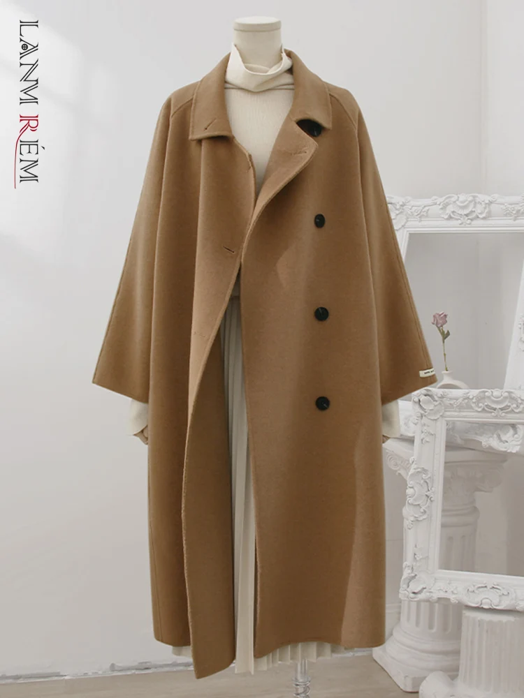 

LANMREM High End Casual Wool Coat For Women Lapel Single Breasted Long Sleeves Solid Belt Coats Korean Clothing 2023 New 32D378